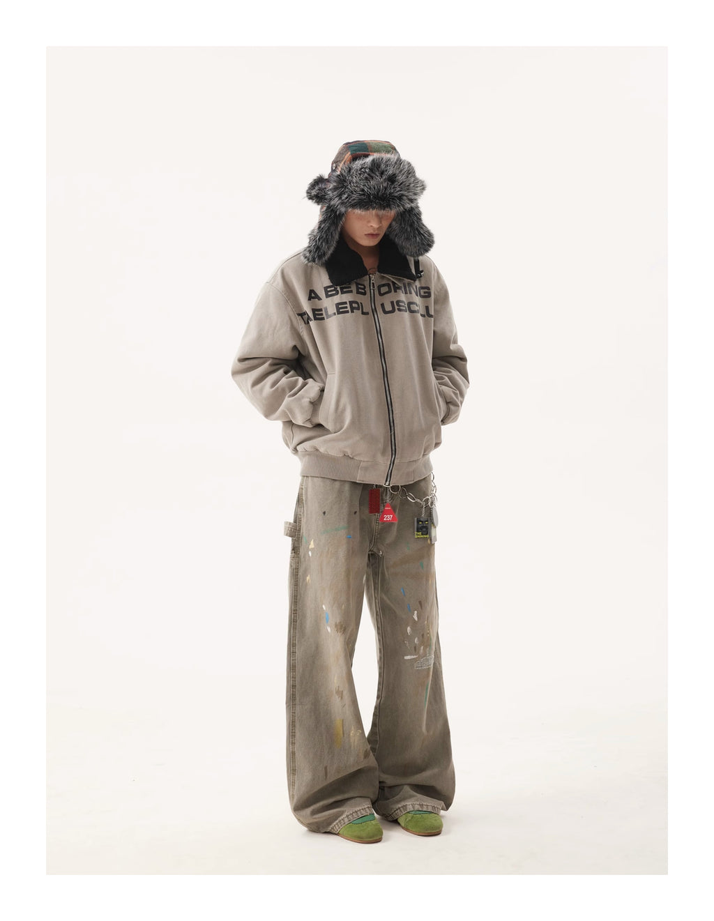 BTSG Retro Wash Slogan Lamb's Fleece Inner Fur Collar Jacket