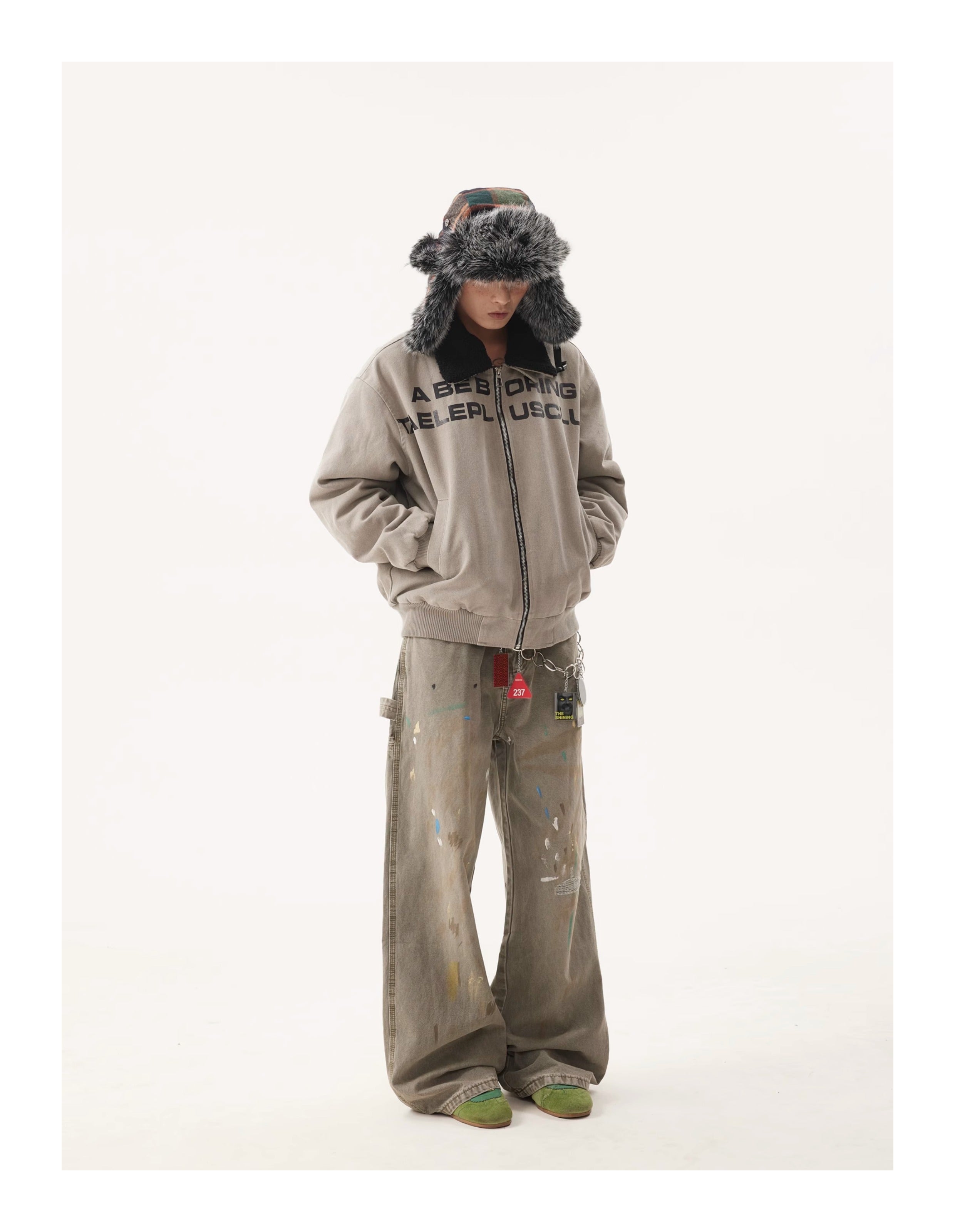 BTSG Retro Wash Slogan Lamb's Fleece Inner Fur Collar Jacket