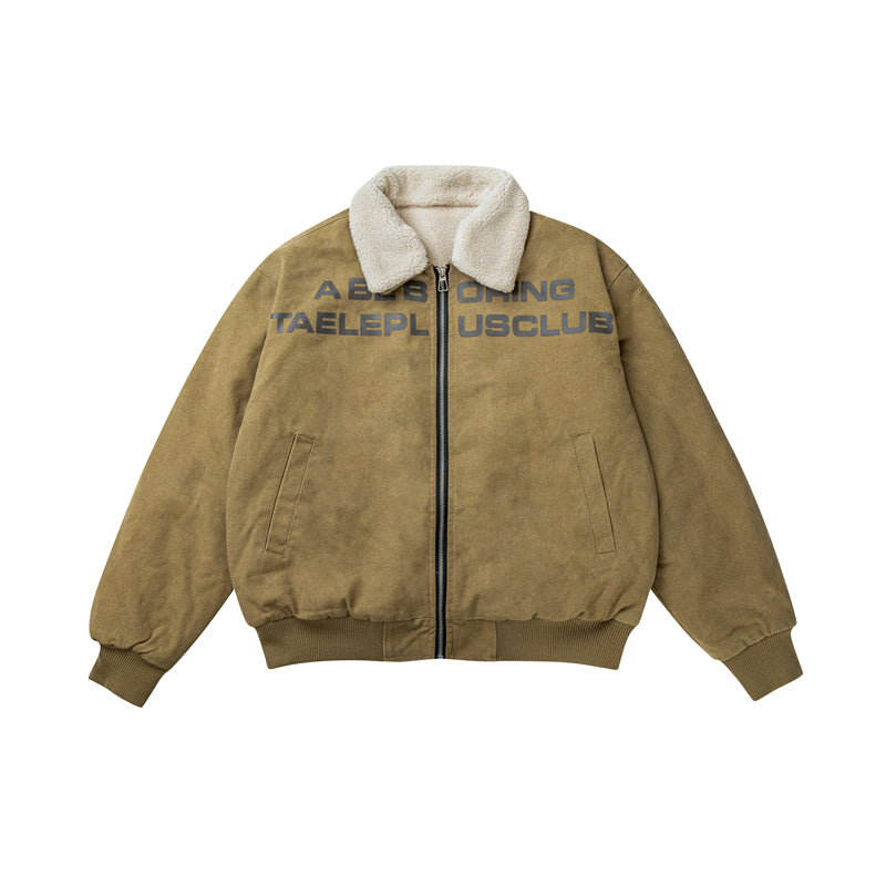 BTSG Retro Wash Slogan Lamb's Fleece Inner Fur Collar Jacket
