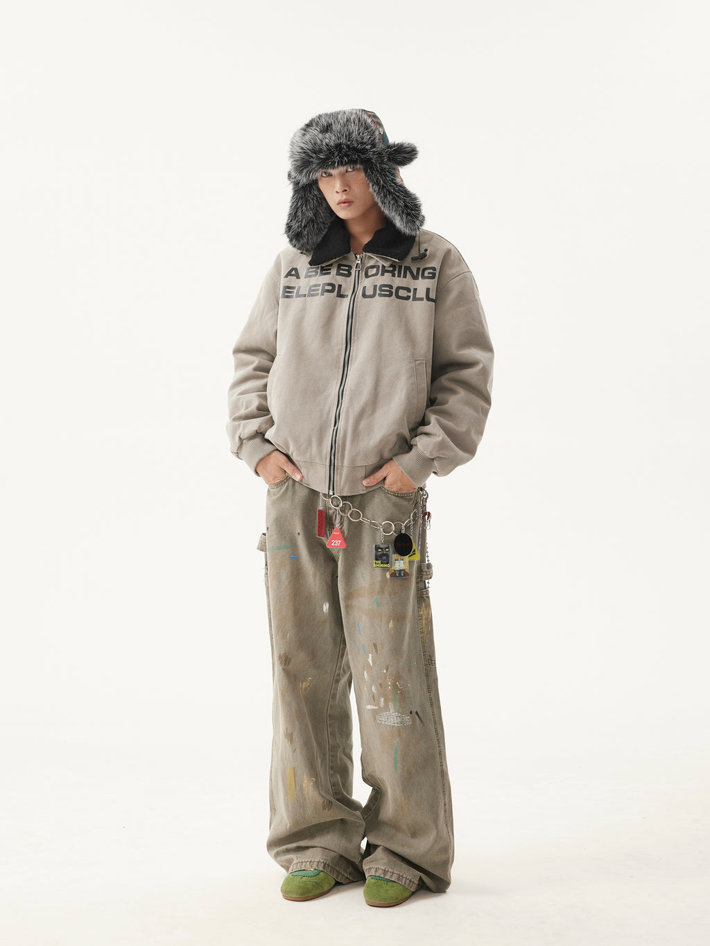 BTSG Retro Wash Slogan Lamb's Fleece Inner Fur Collar Jacket