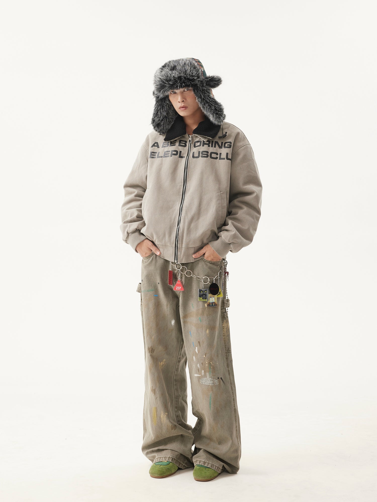 BTSG Retro Wash Slogan Lamb's Fleece Inner Fur Collar Jacket