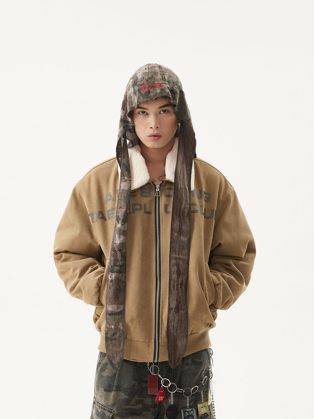 BTSG Retro Wash Slogan Lamb's Fleece Inner Fur Collar Jacket