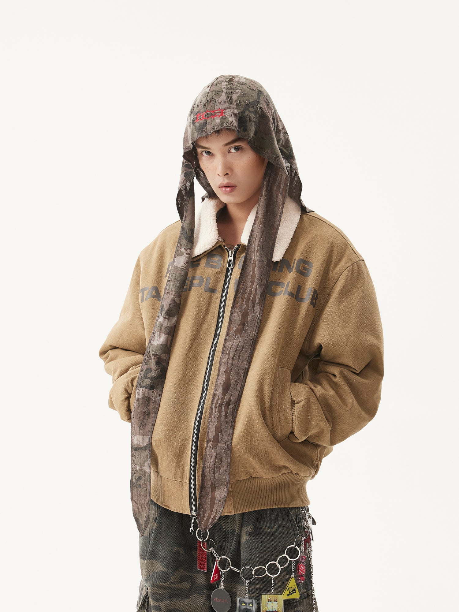 BTSG Retro Wash Slogan Lamb's Fleece Inner Fur Collar Jacket