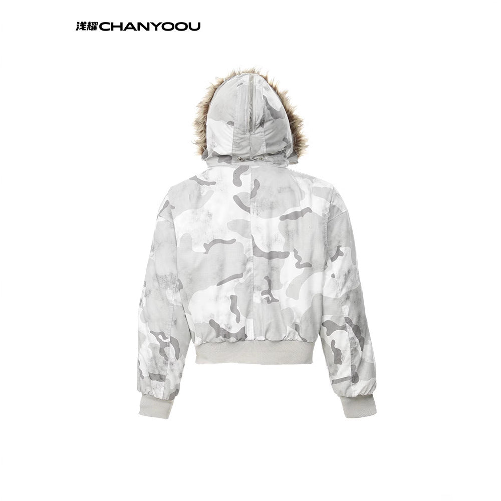 CY American retro camouflage thickened cotton distressed washed fur collar jacket
