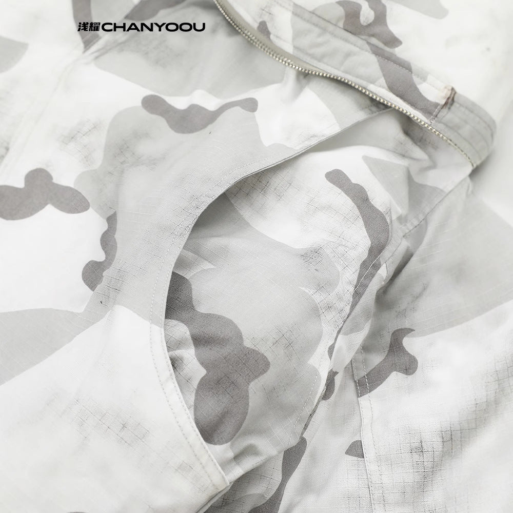 CY American retro camouflage thickened cotton distressed washed fur collar jacket