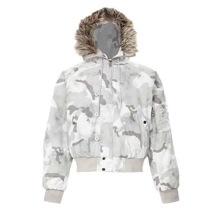 CY American retro camouflage thickened cotton distressed washed fur collar jacket