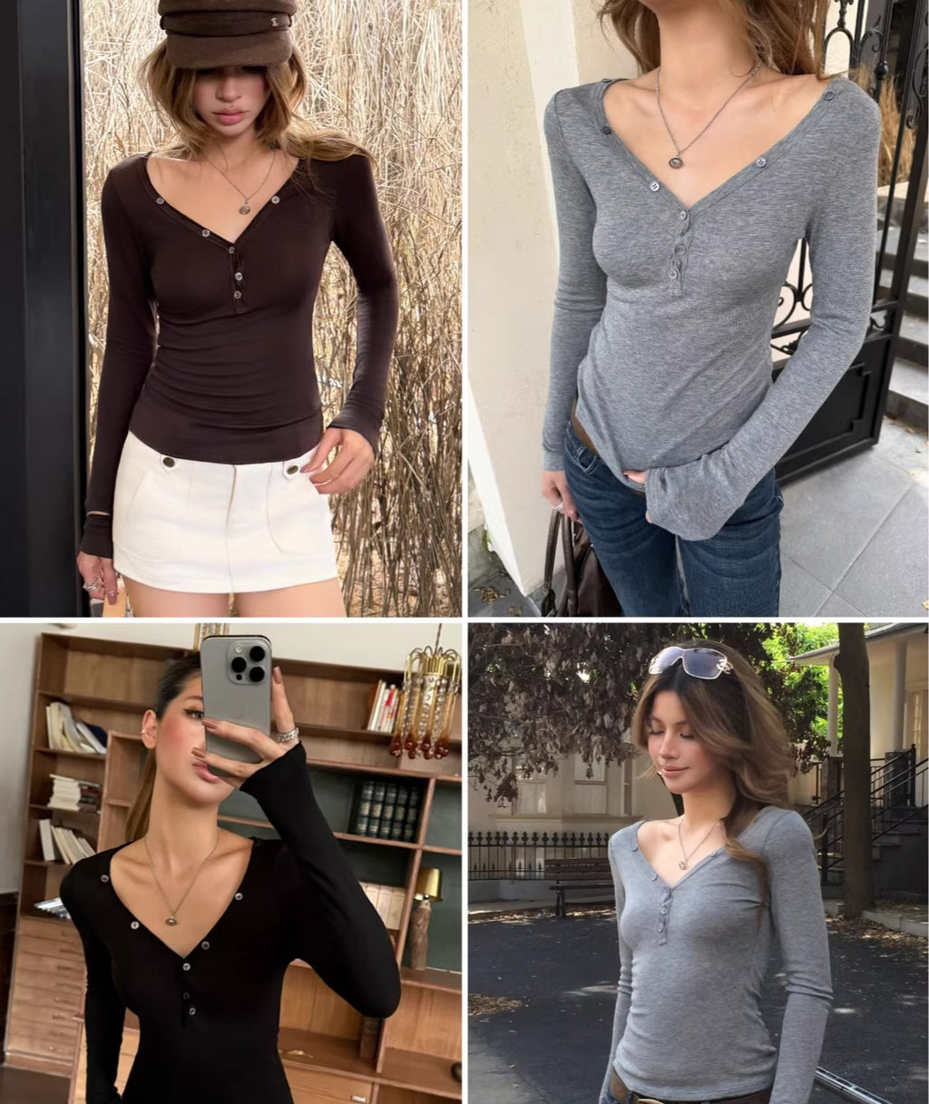 Audwyn V-neck Button Slim-fit Slim-looking Knitted Long Sleeves