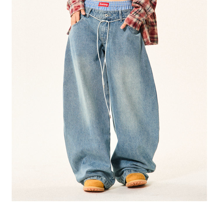 BlackBB Original Fake Two Pieces Double Waist Loose Wide-leg Jeans
