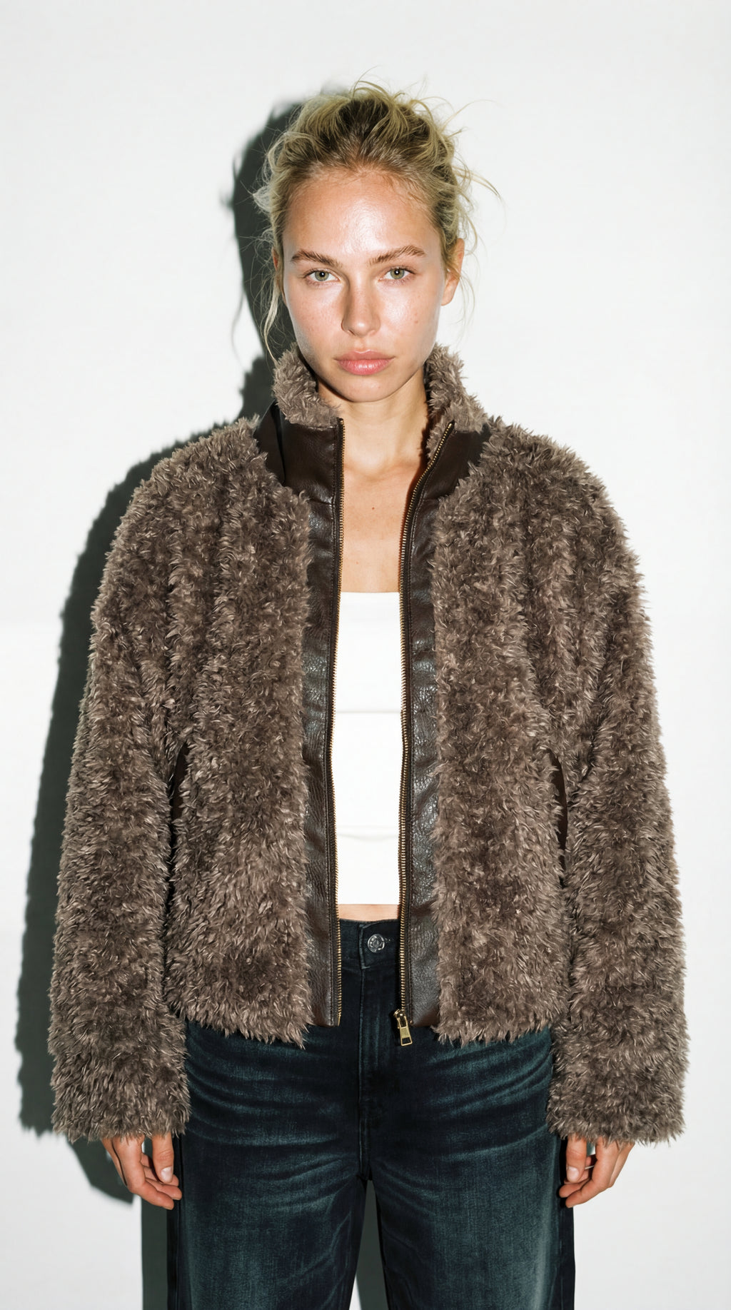 Eme Retro Fuzzy Trimmed Leather Warm Stand Collar Jacket