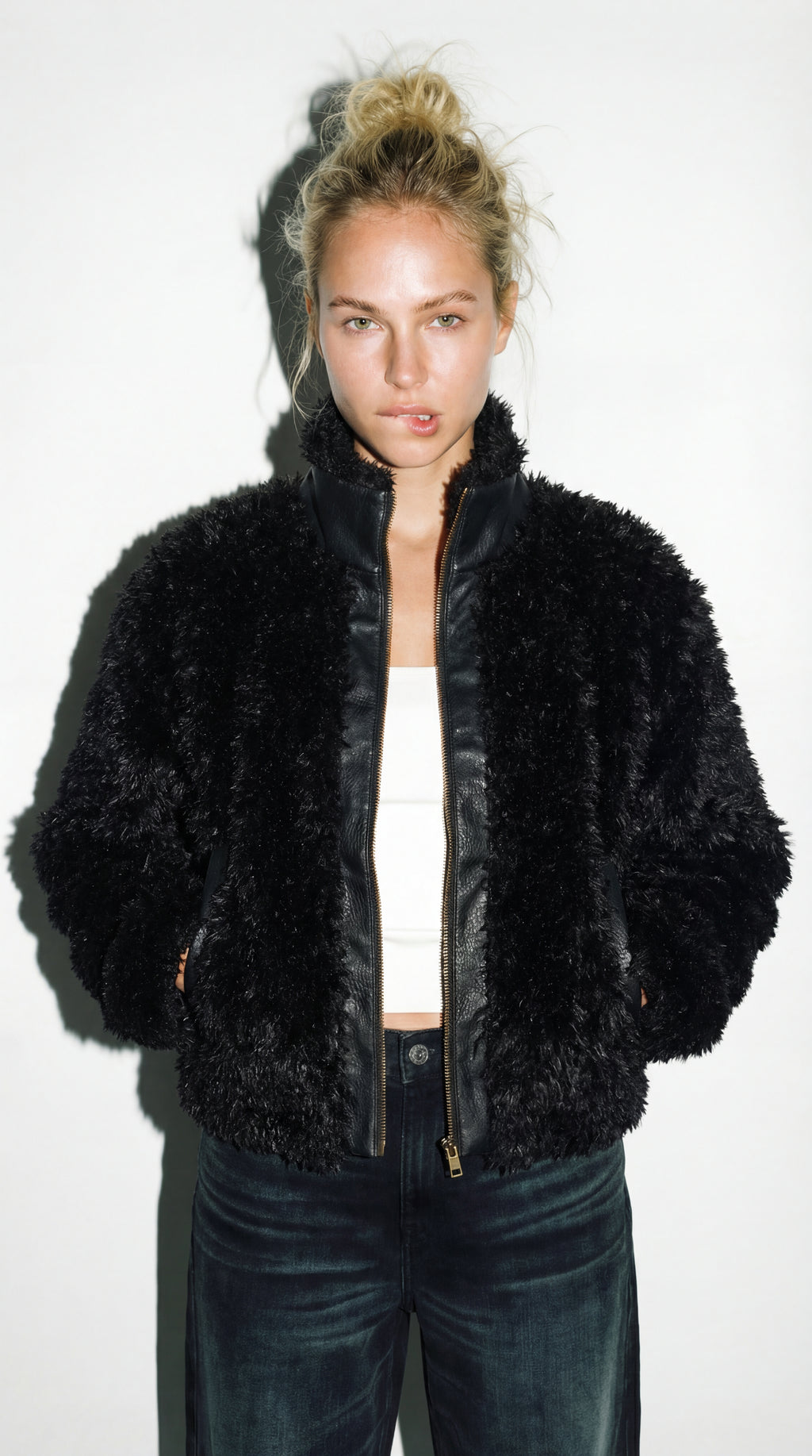 Eme Retro Fuzzy Trimmed Leather Warm Stand Collar Jacket