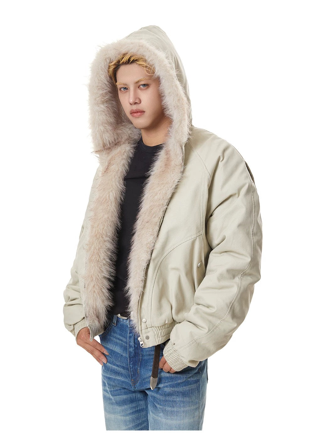 MADEXTREME Mt. Carved Fur Collar Hooded Short Zipper Cotton Jacket