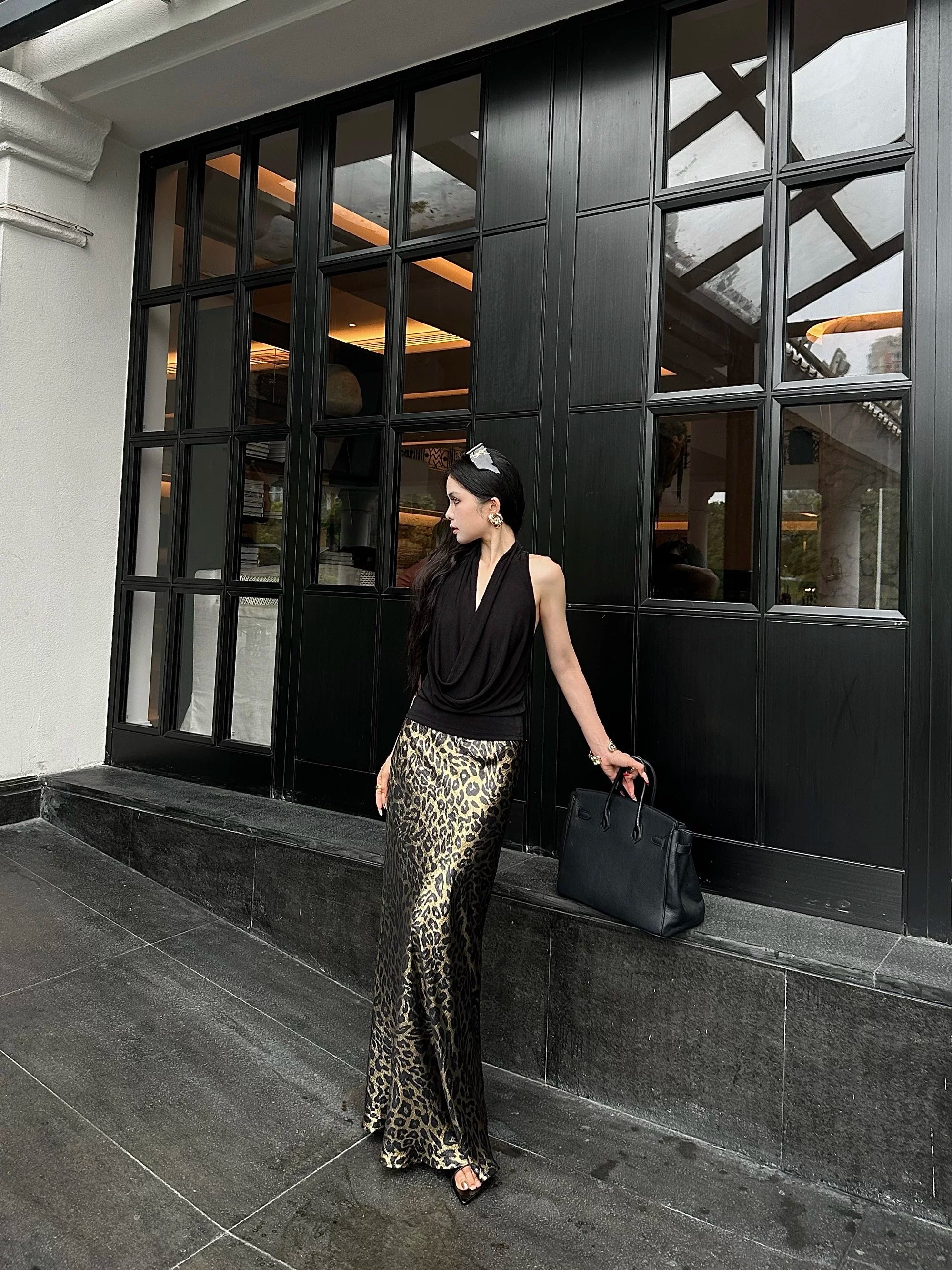 CHUYUQI A Pendulum Temperament Hip-wrapped Leopard Print Skirt
