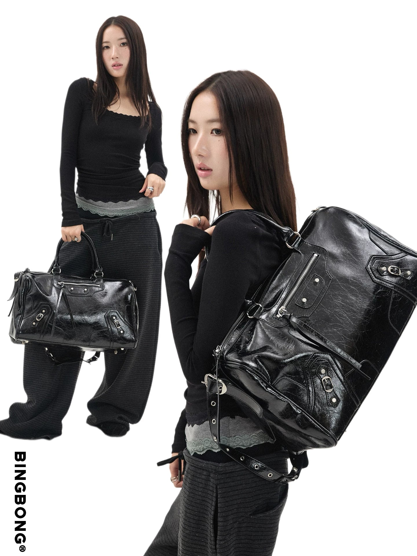 BINGBONG Retro Glossy Large Capacity Messenger Bag