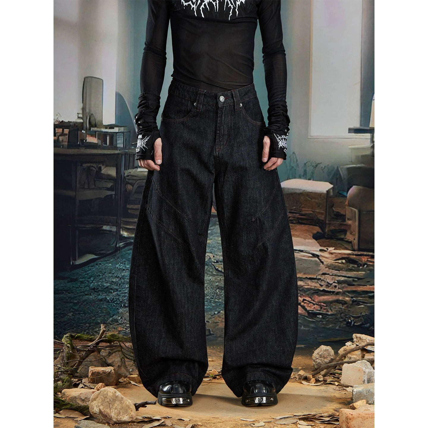 NOMANIAI Versatile Bright Line Loose Wide-leg Scimitar Jeans