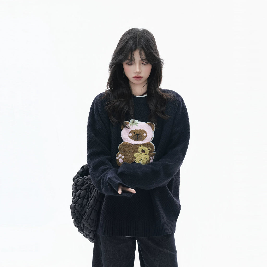 Zuocisankon Slack Soft Waxy Towel Embroidered Bear Sweater