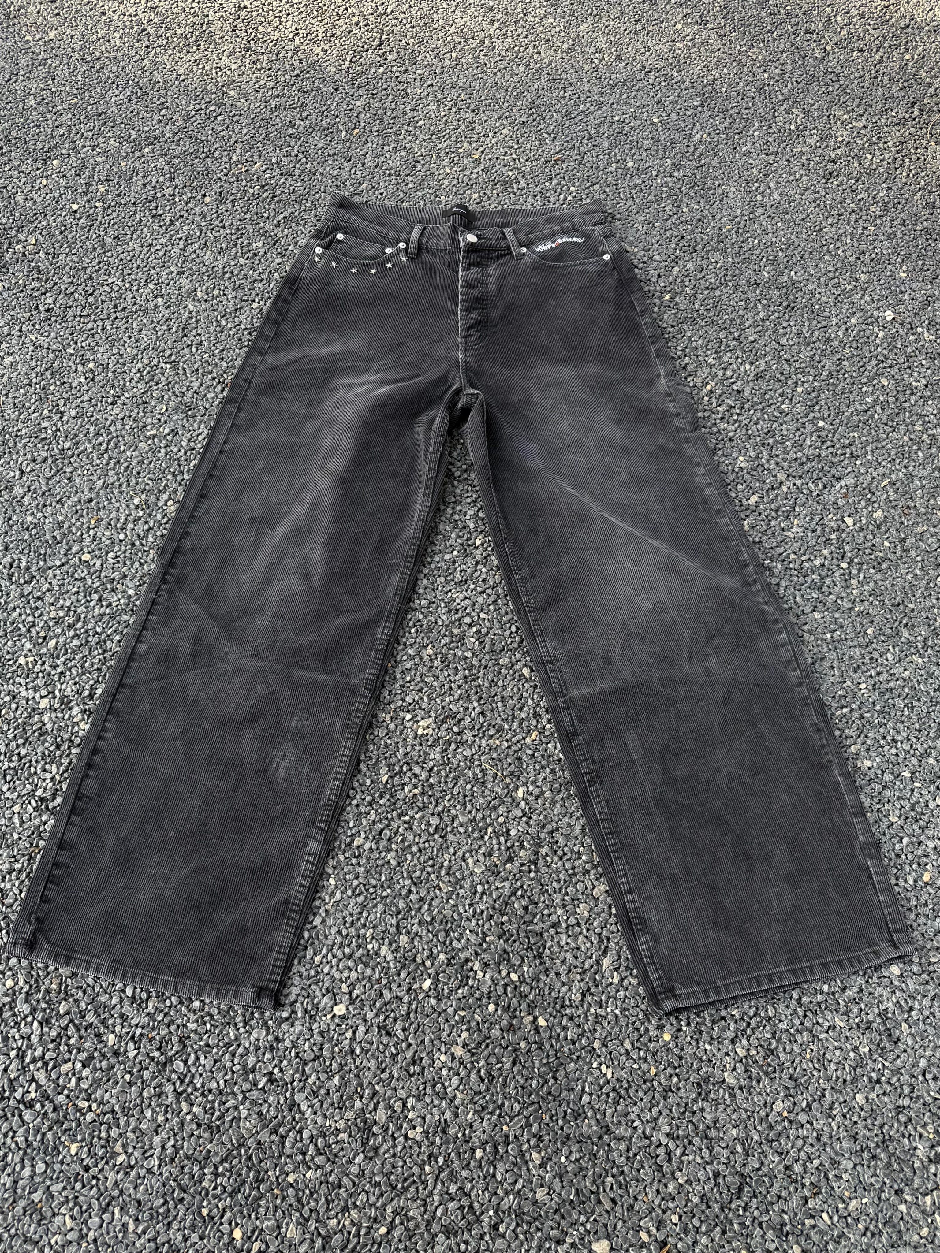 VOWPROGRESS  Corduroy Faded Embroidered Straight Loose Vintage Trousers