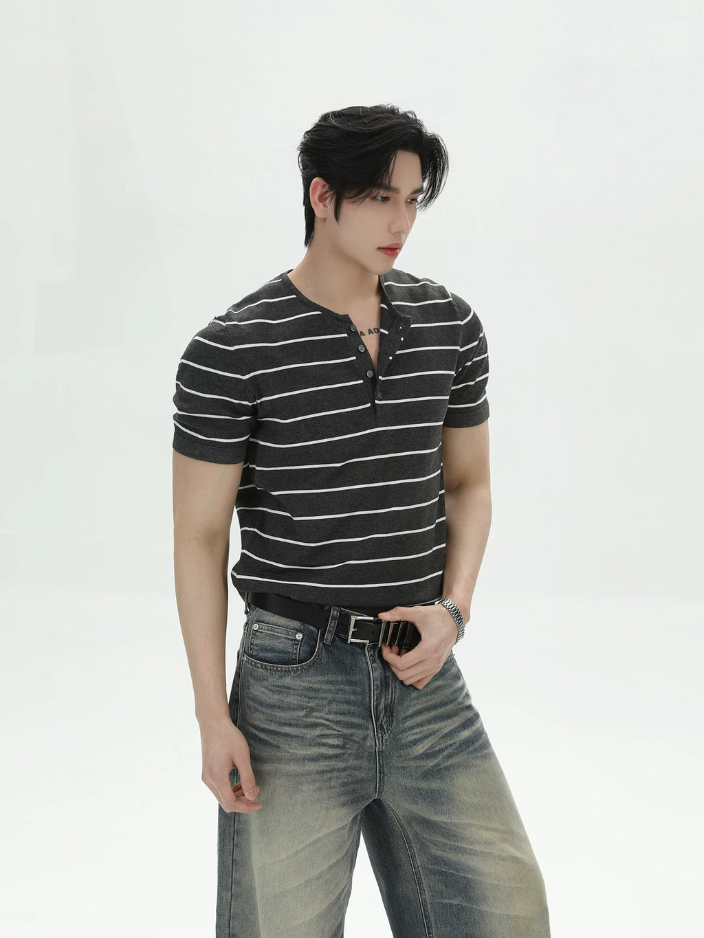 TURNTIDE Henry Collar Striped Slim Casual Tee