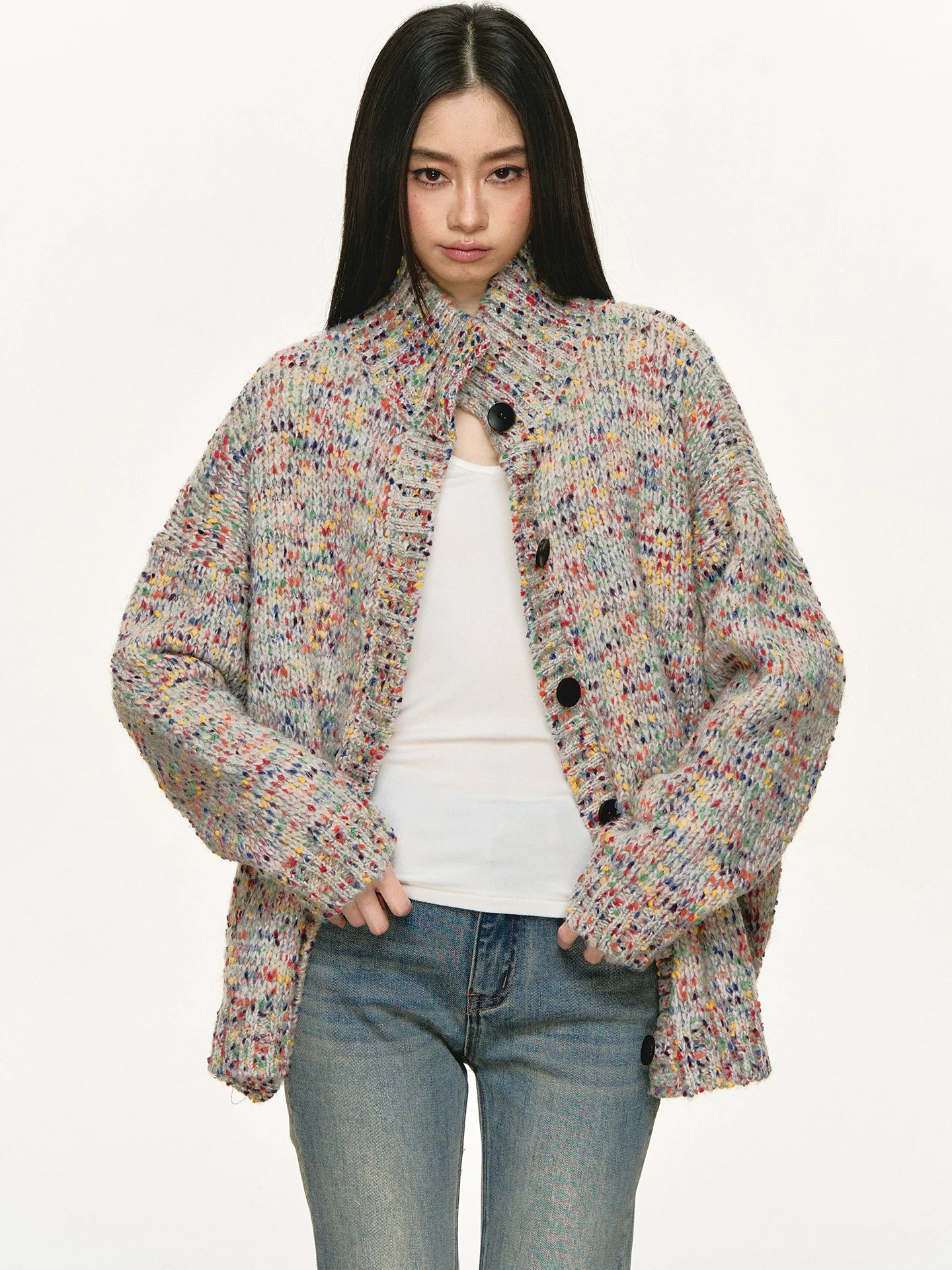 Anna Aneae Colored Dot Turtleneck Loose Sweater Cardigan