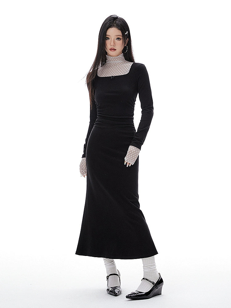 Imone Pleated Waist Mesh Stitching Semi-turtleneck Dress