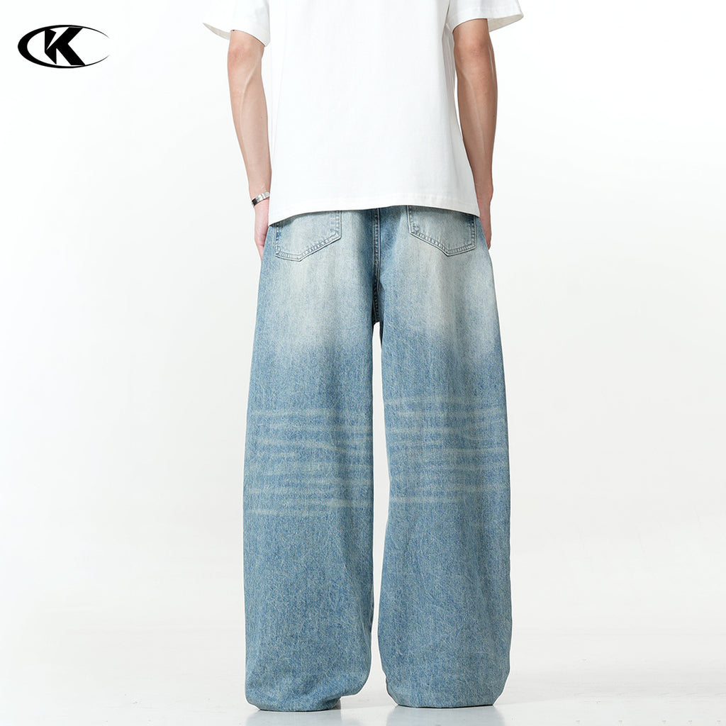 11KN American Retro Washed Blue Loose and Casual Cleanfit Pants Cross-border Jeans