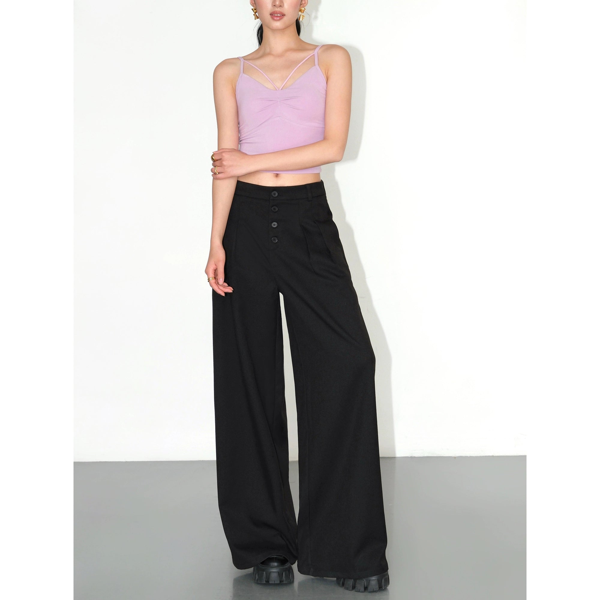 NEVA HU Casual High-waisted Drape Loose Straight Floor Pants