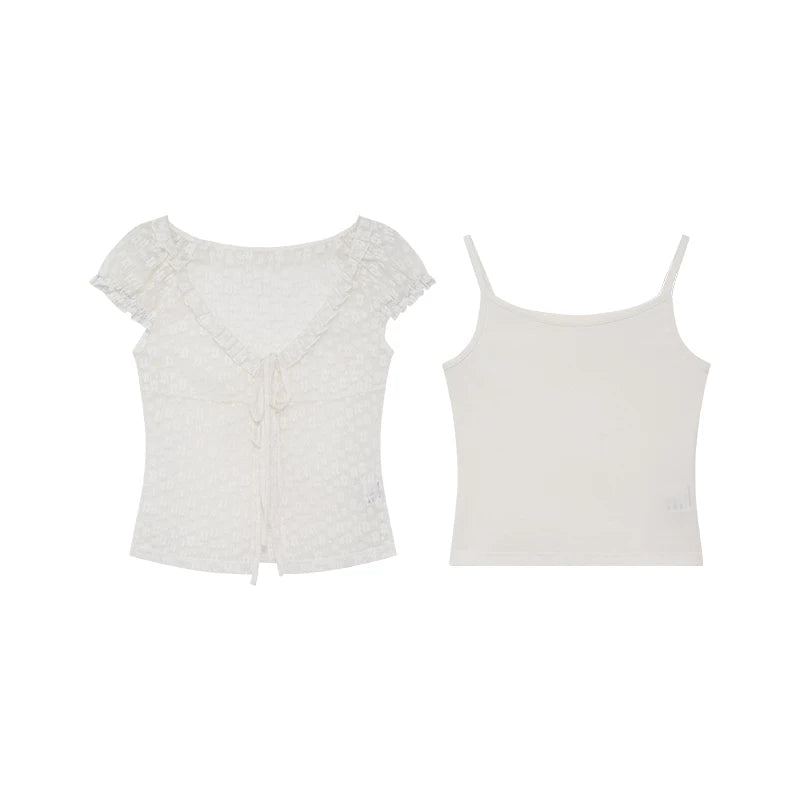 KANO Ruffle Lace Bubble Sleeve Blouse Set