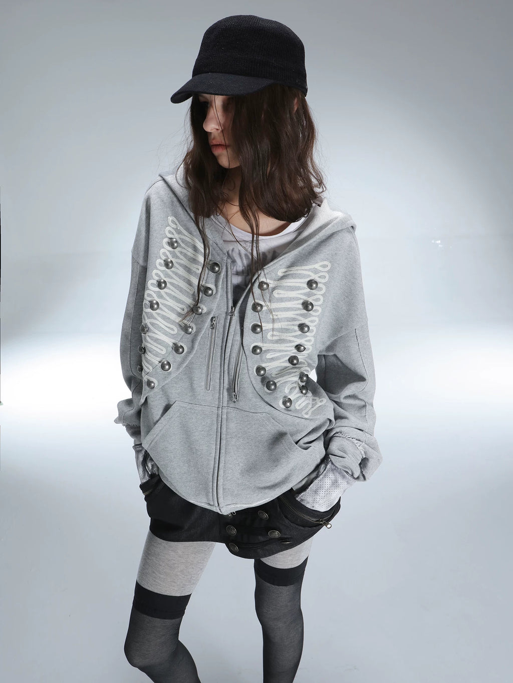 DoublePunch Embroidered Metal Buckle Loose Hooded Jacket
