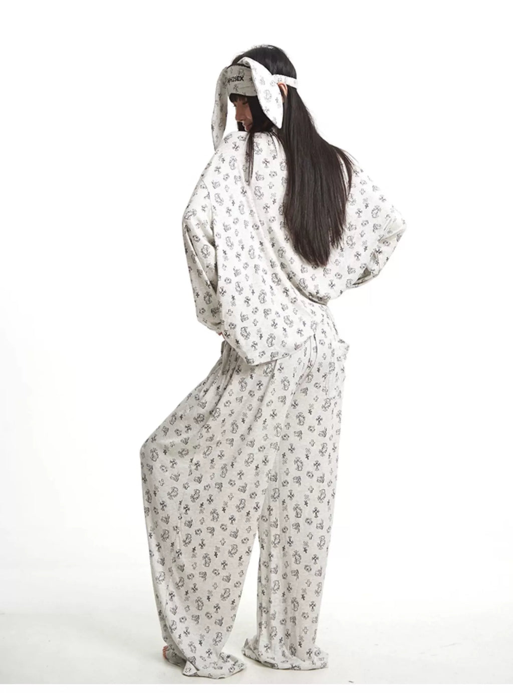 UNCMHISEX Hellokitty Printed Loose Lapel Long-sleeved Pajamas Three-piece Set