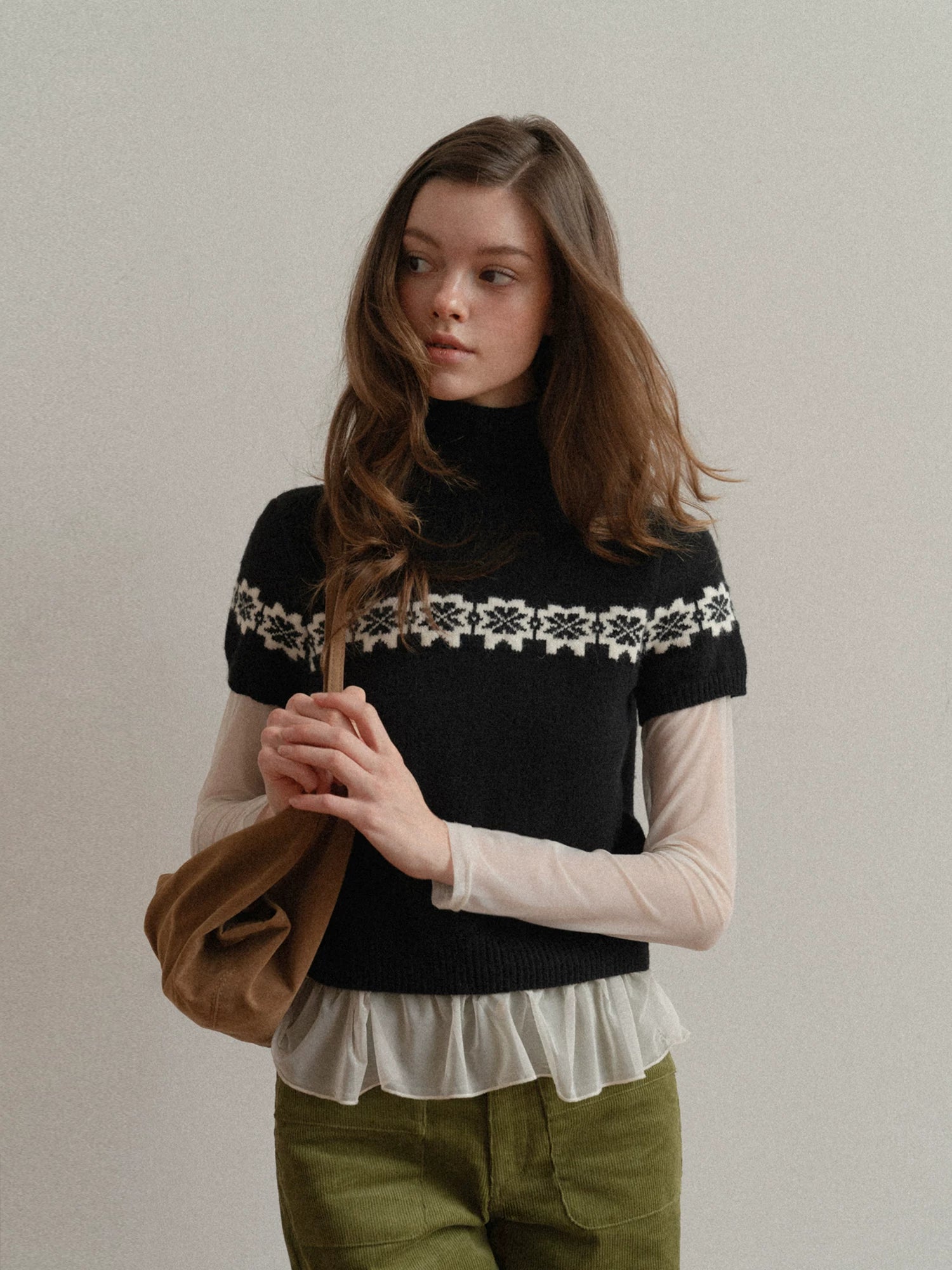 EGGKA crew neck jacquard cardigan + turtleneck short-sleeved knitted sweater