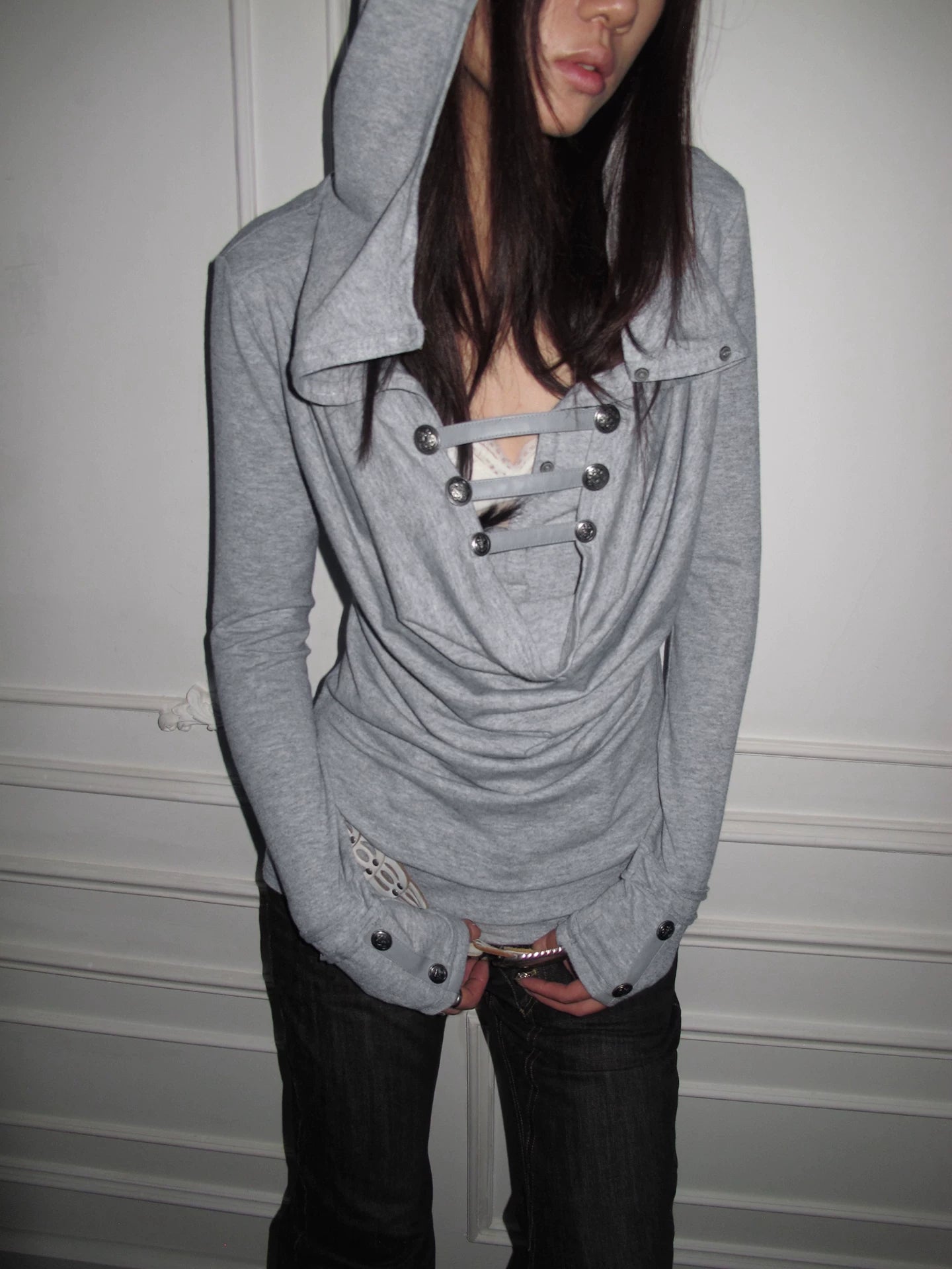 DoublePunch Metal Buckle with Knitted Hooded Bottom Long Sleeve