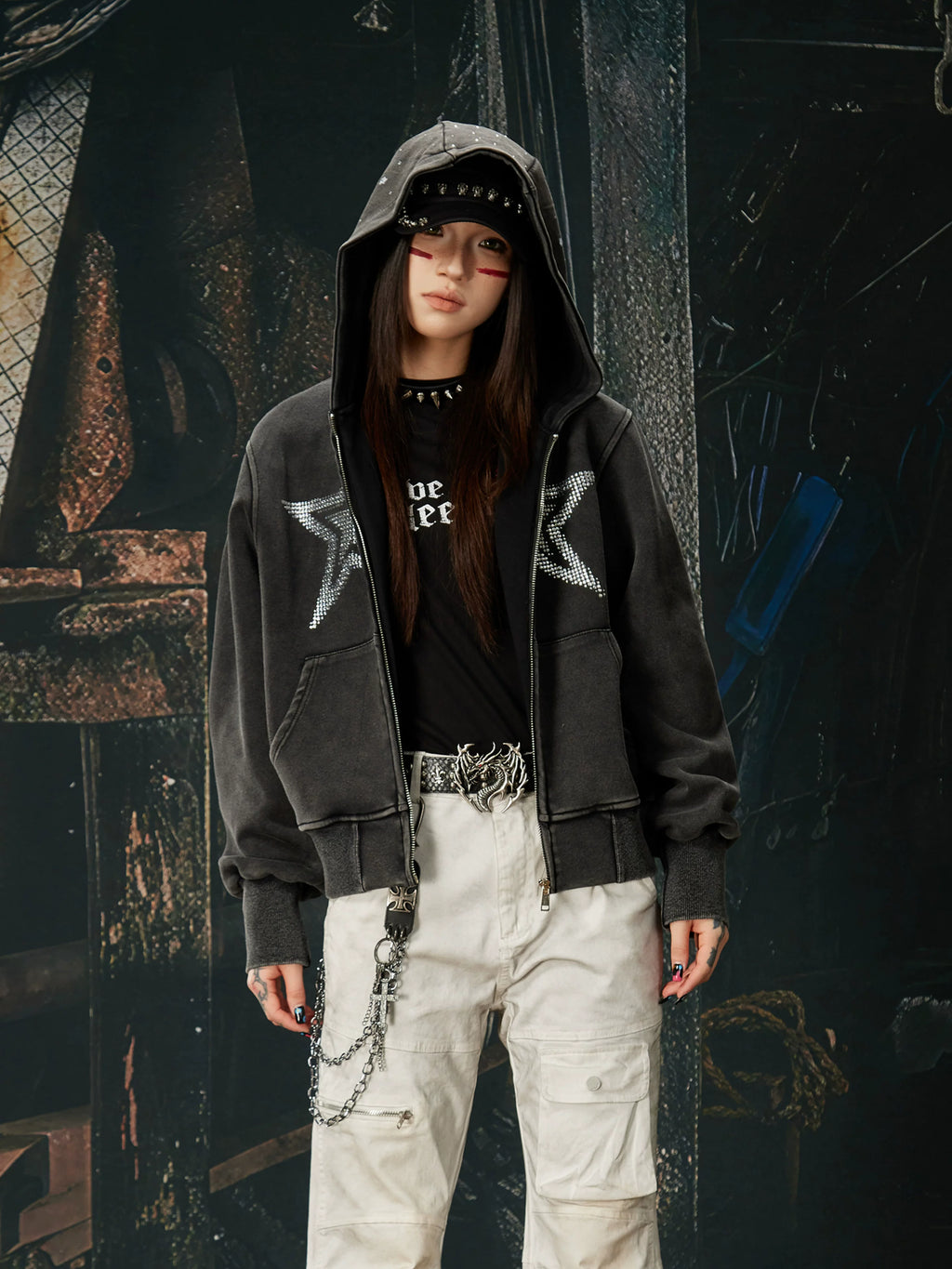 NOMANIAI Washed Hot Diamond Slim Fit Hooded Zipper Jacket