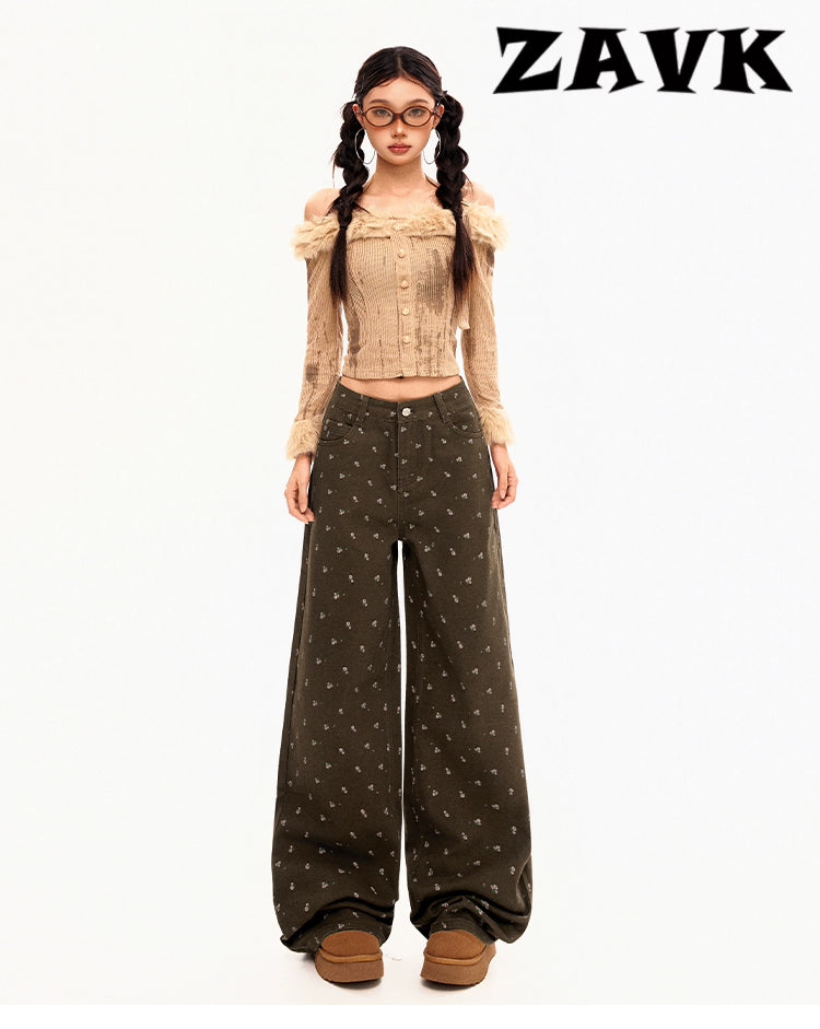 ZAVK Retro Floral Wide-leg Jeans