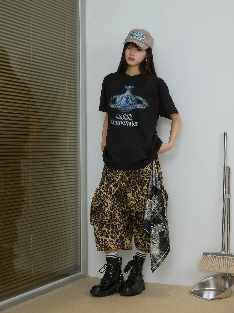 EeeeArtMonster Spoof Loose Vintage Blue and White Porcelain Printed Tee