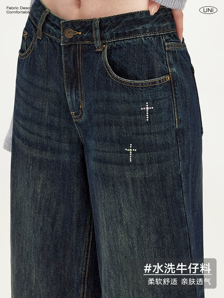 UNIFREE Straight Childlike Hot Diamond Printing Mopping Jeans