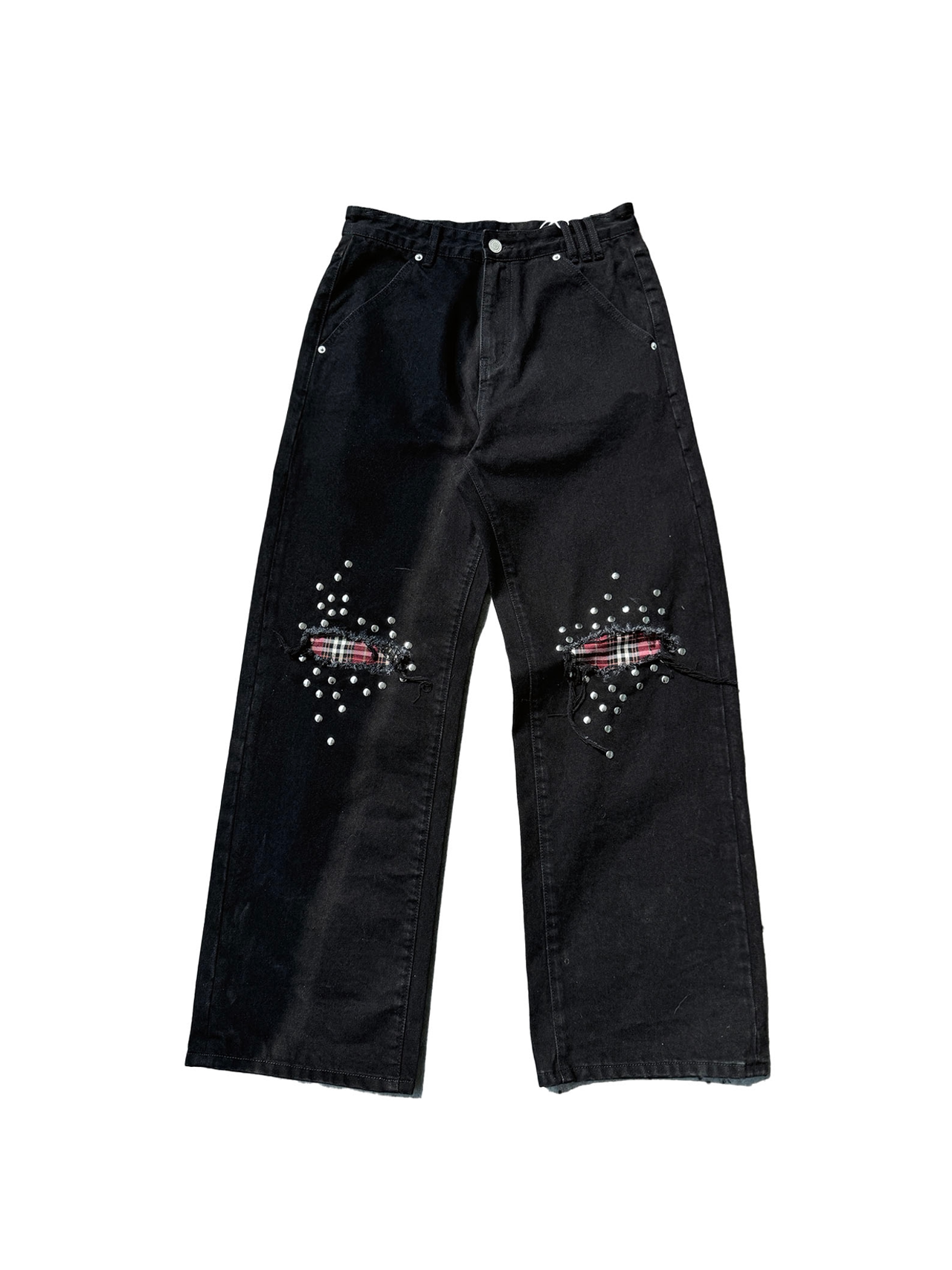 No E Mosen Plaid Stud Baggy Jeans