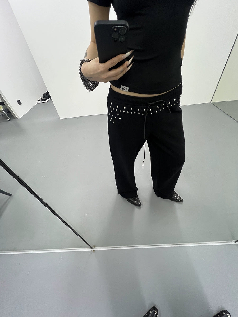 FUZZYKON Low Waist Large Pocket Straight Drawstring Rivet Sweatpants