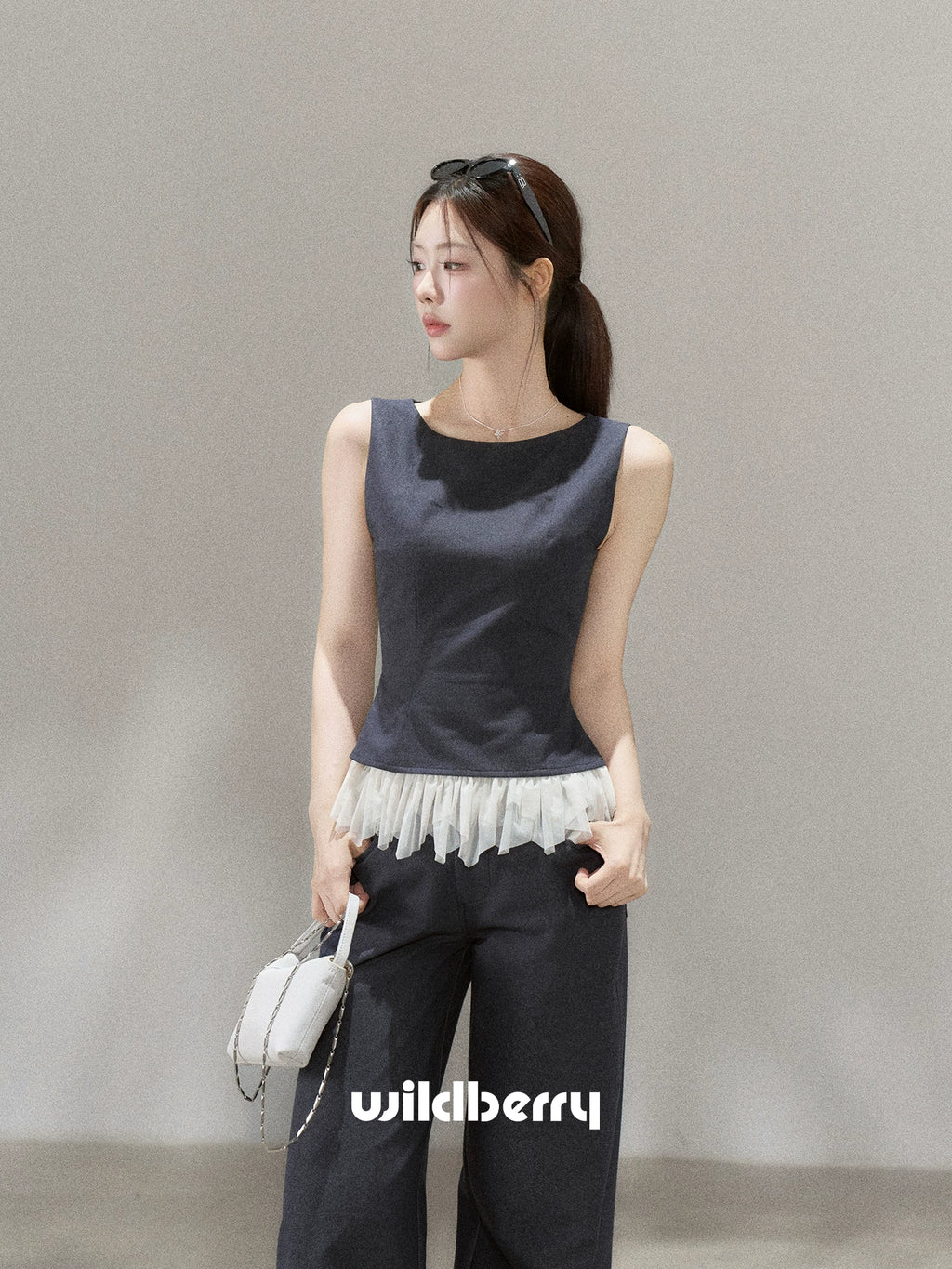 Wildberry Sleeveless Splicing Vest High Waist Straight Casual Pants Set