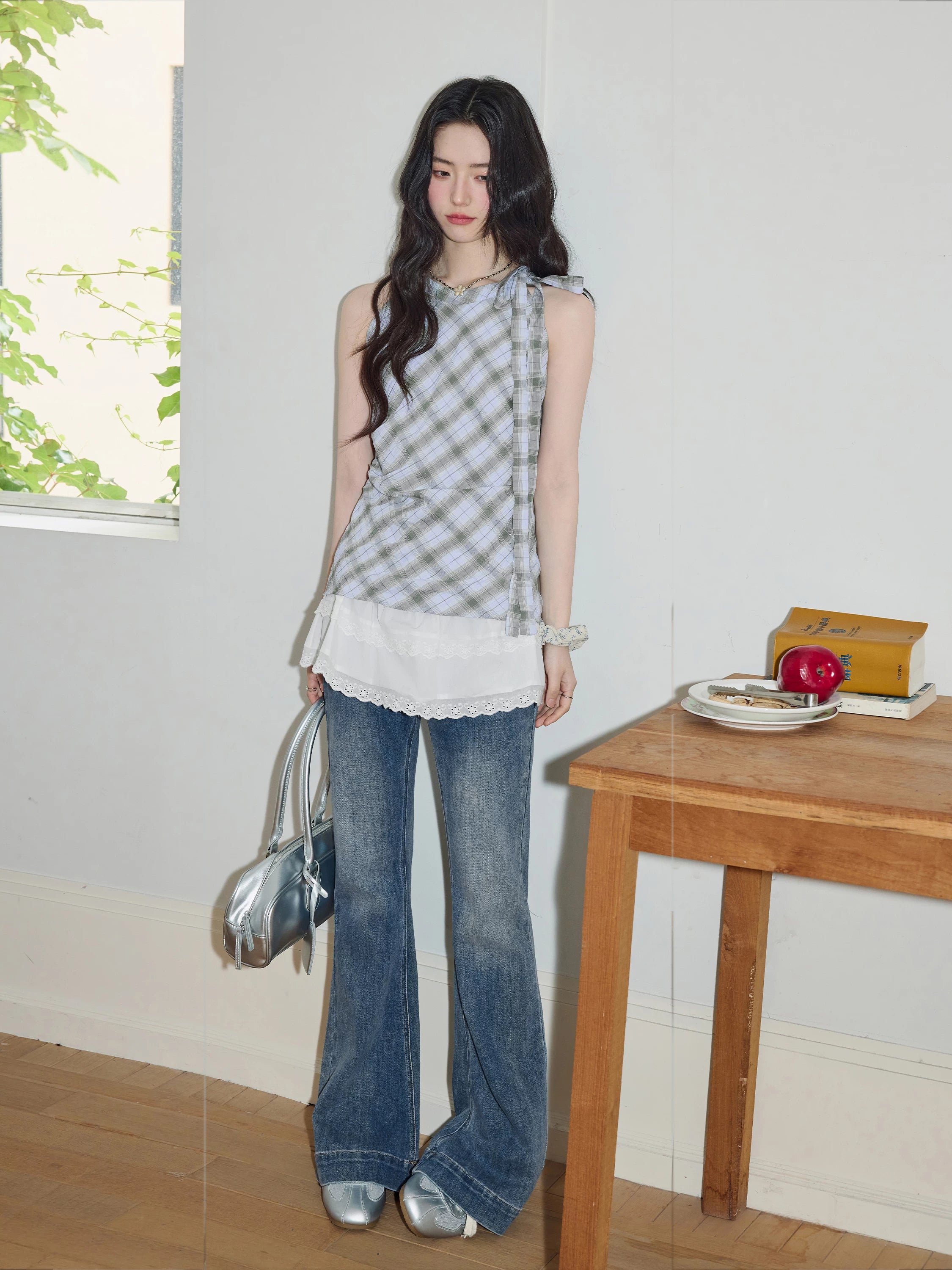 XUJING Lace Stitching Plaid Sleeveless Shirt