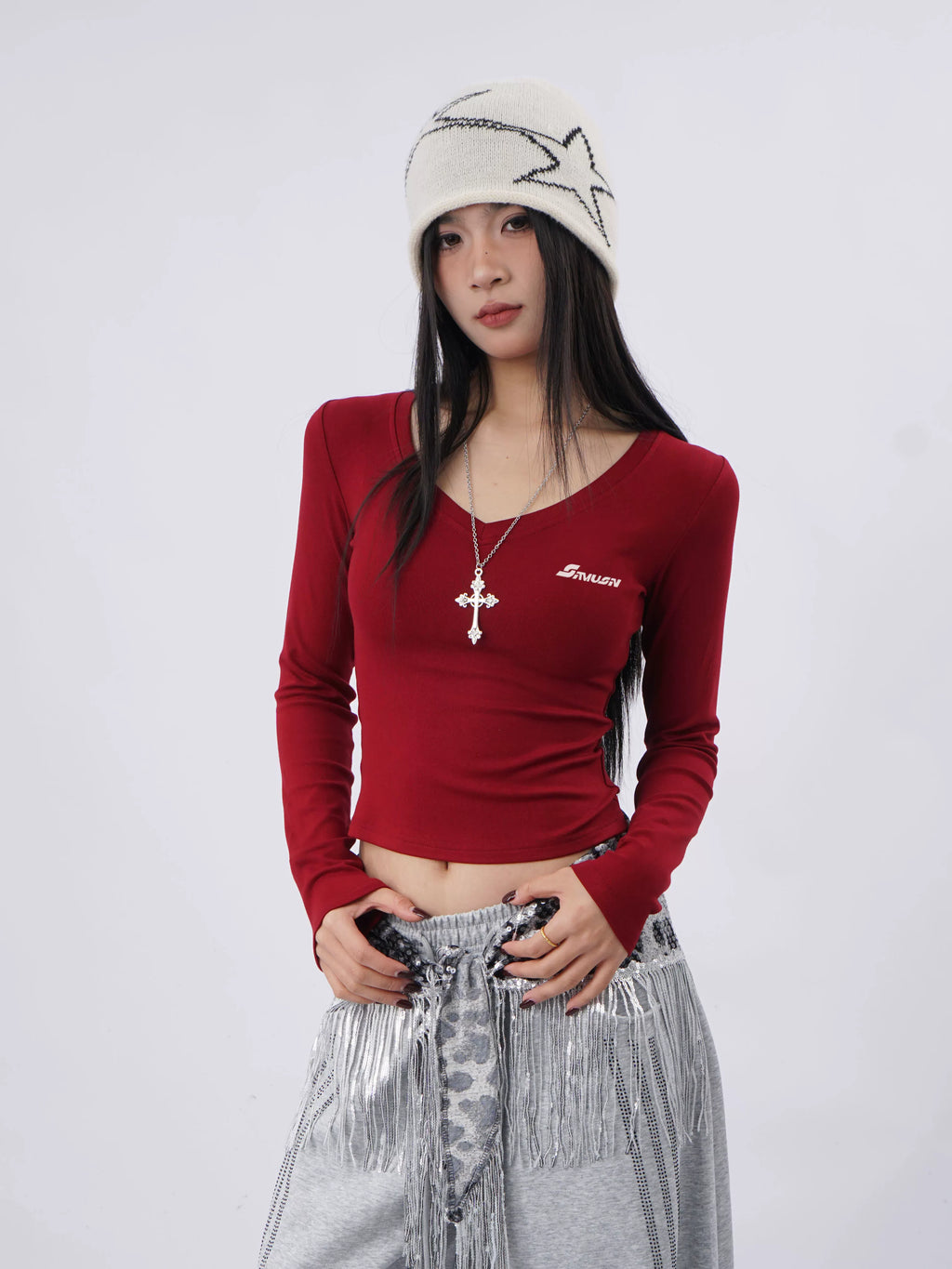 SAMUSAN Hot Diamond Letter V-Neck Slim Short Long Sleeve
