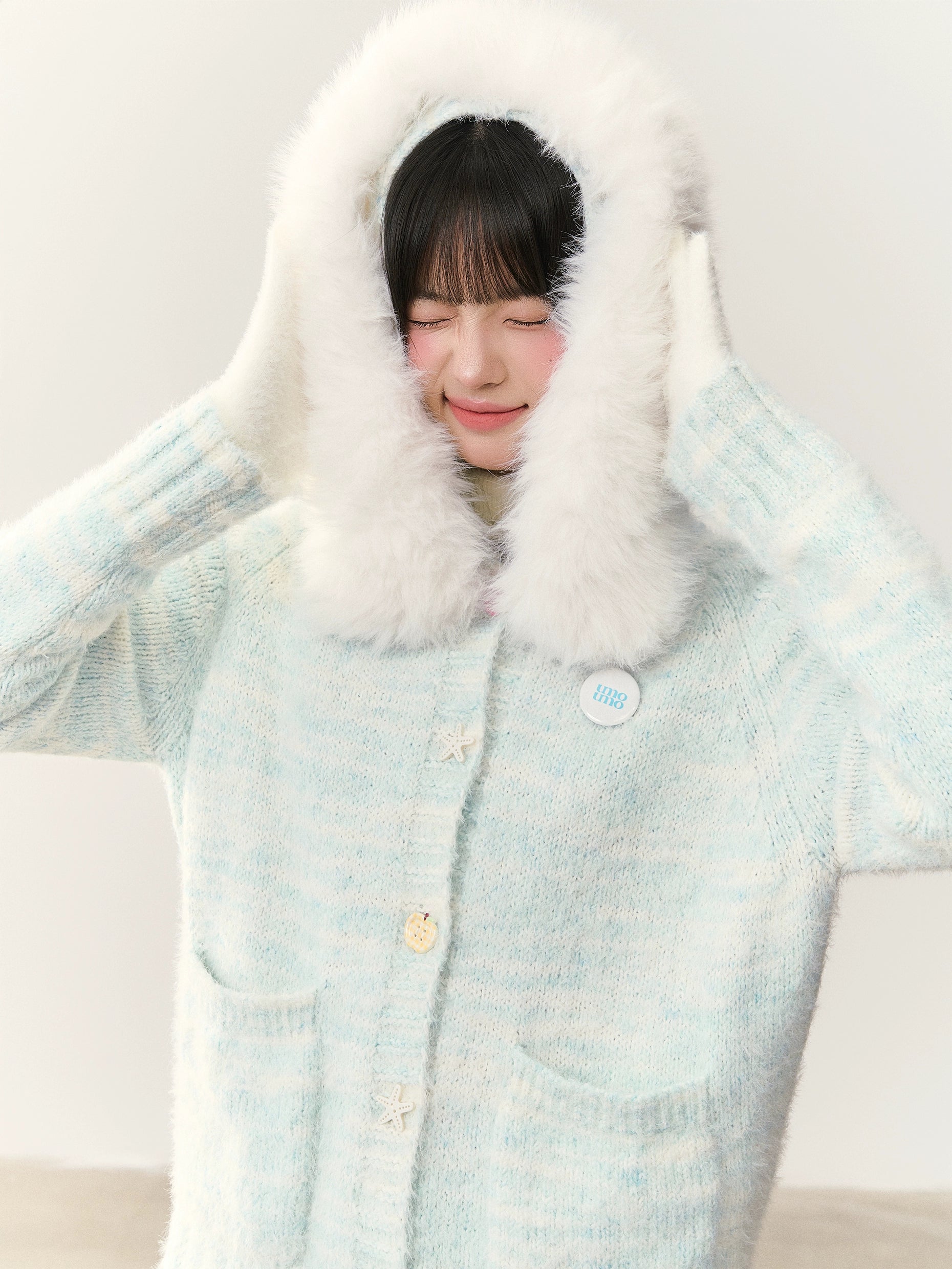 Umoumo Gradual Change Fur Collar Plush Hooded Cardigan