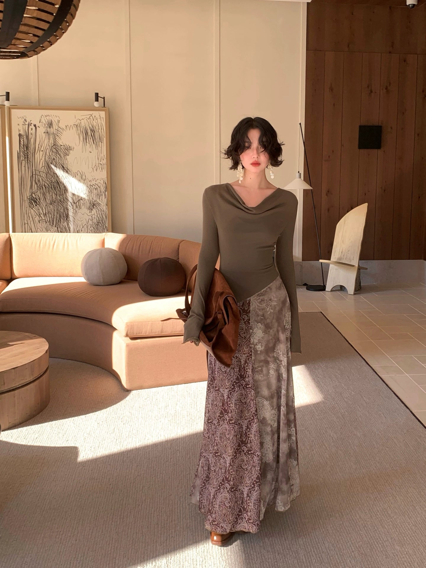 KELIFAN Retro Swinging Collar Splicing Big Swing Skirt + Suspender Skirt Two-piece Set