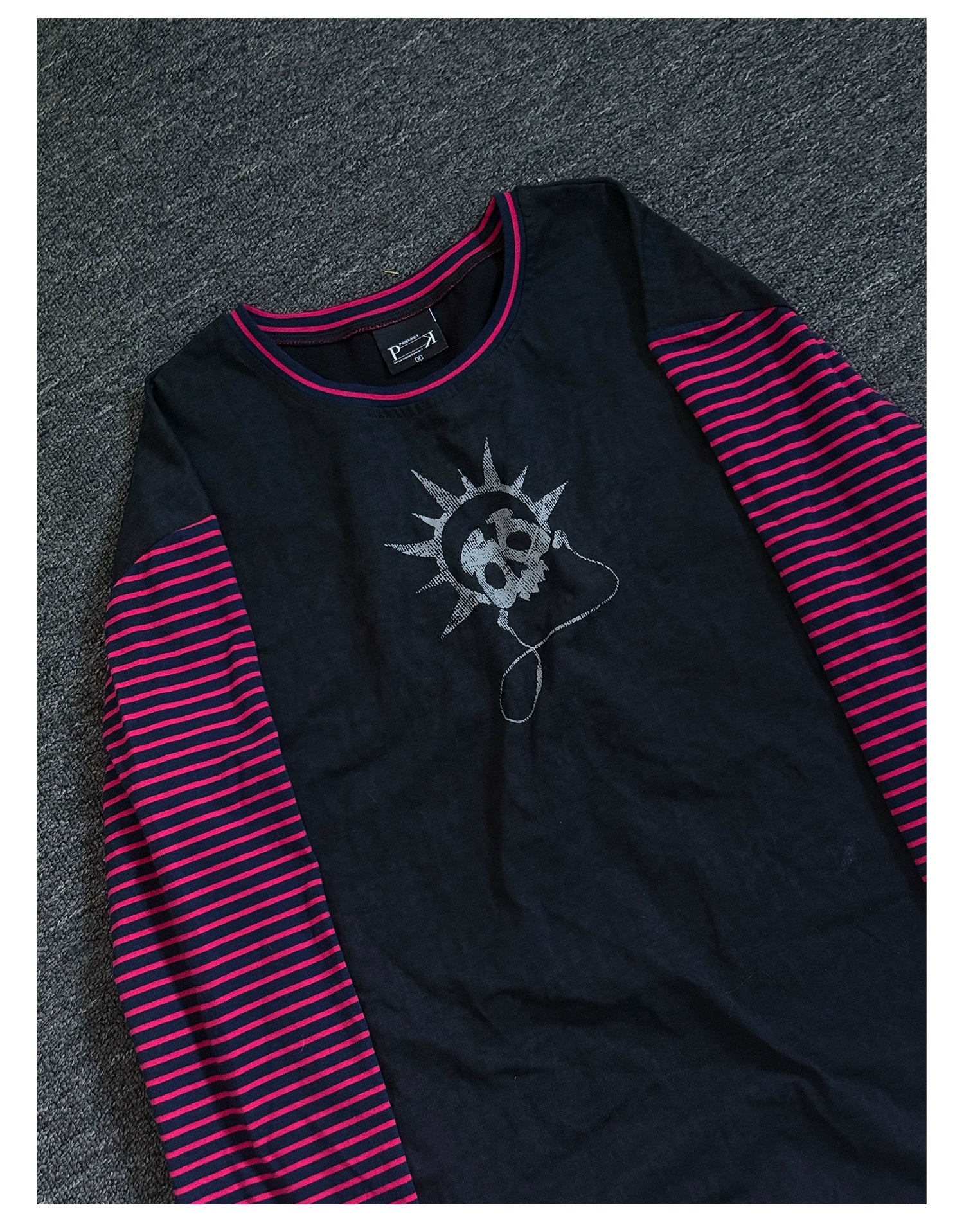 PAIKI Headphones Skull Striped Splicing Long-sleeved Sweater