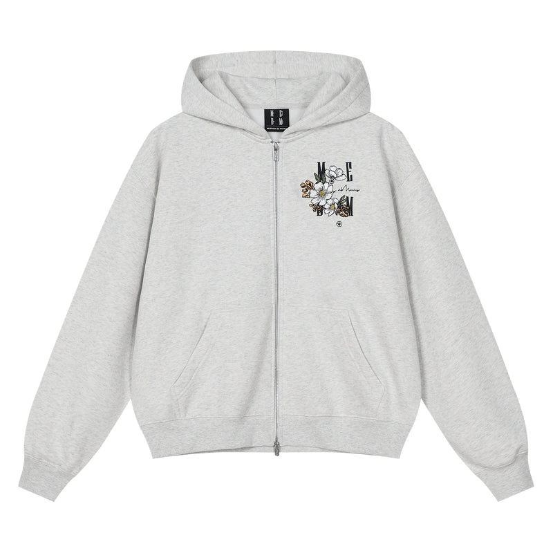 MEDM Flower Letter Embroidered Casual Zip Sweater