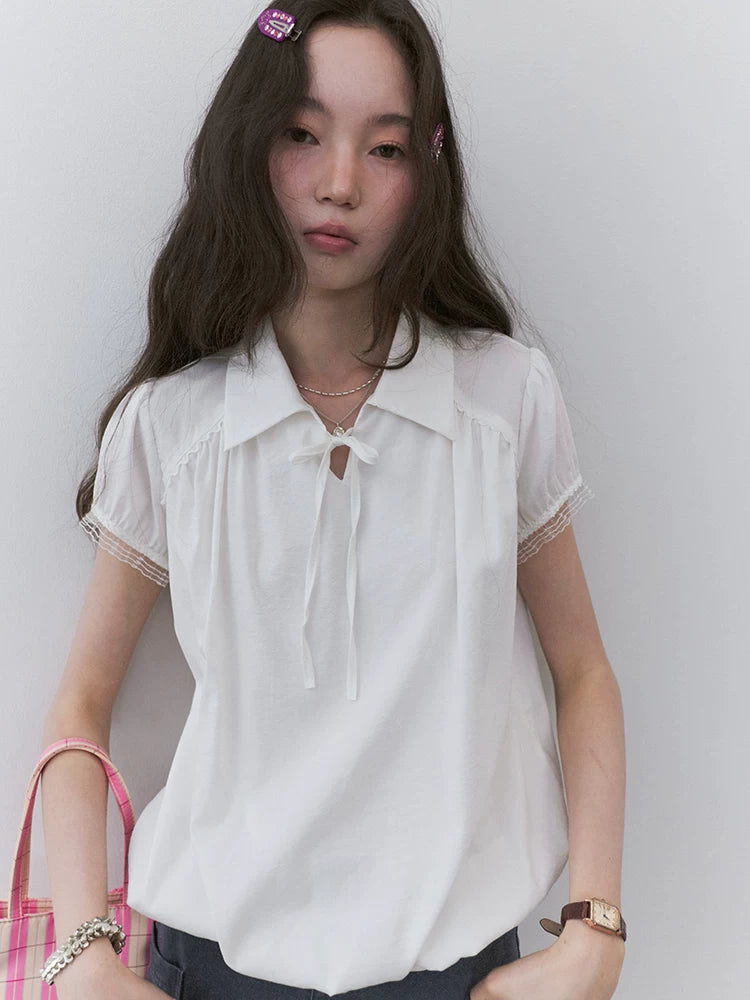VOOE Lapel Strap Lace Shirt
