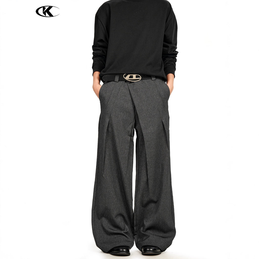 11KN Retro Three-dimensional Pleated Diagonal Placket Casual Trousers
