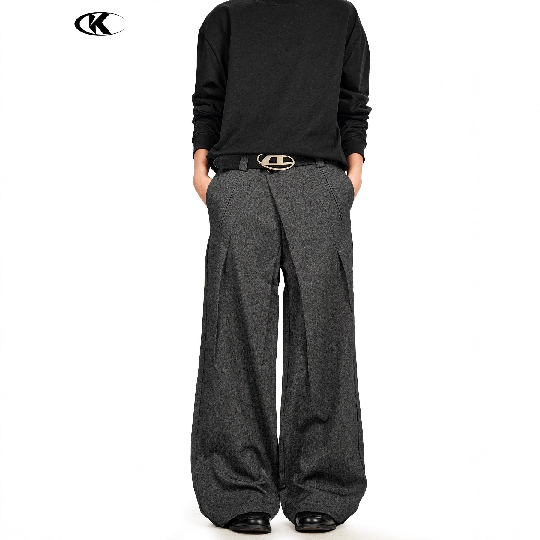 11KN Retro Three-dimensional Pleated Diagonal Placket Casual Trousers