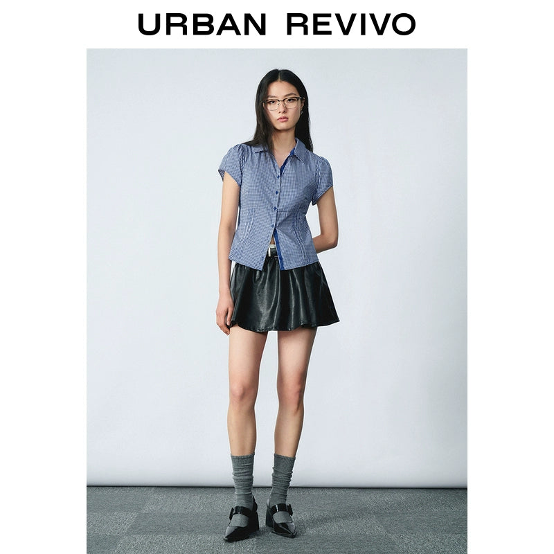 URBAN REVIVO Casual Contrast Checked Lace-Up Open Shirt