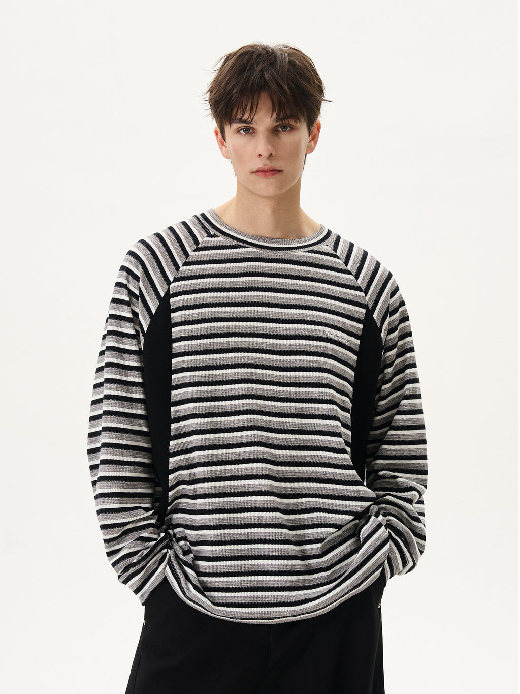 BTSG splicing striped texture waffle crew neck long-sleeved Tee