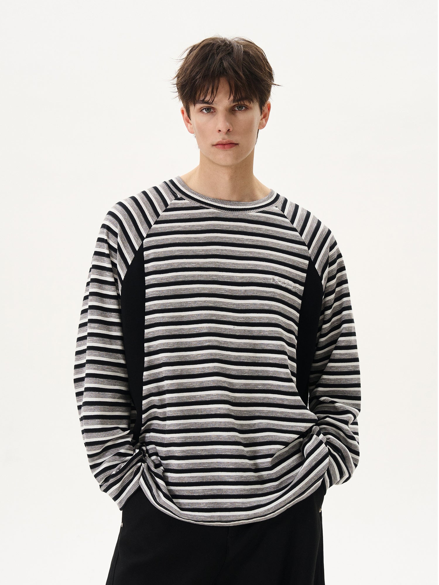 BTSG splicing striped texture waffle crew neck long-sleeved Tee