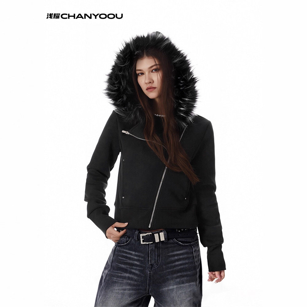 CHANYOOU Retro Diagonal Zipper Short Fur Collar Hooded Sweater